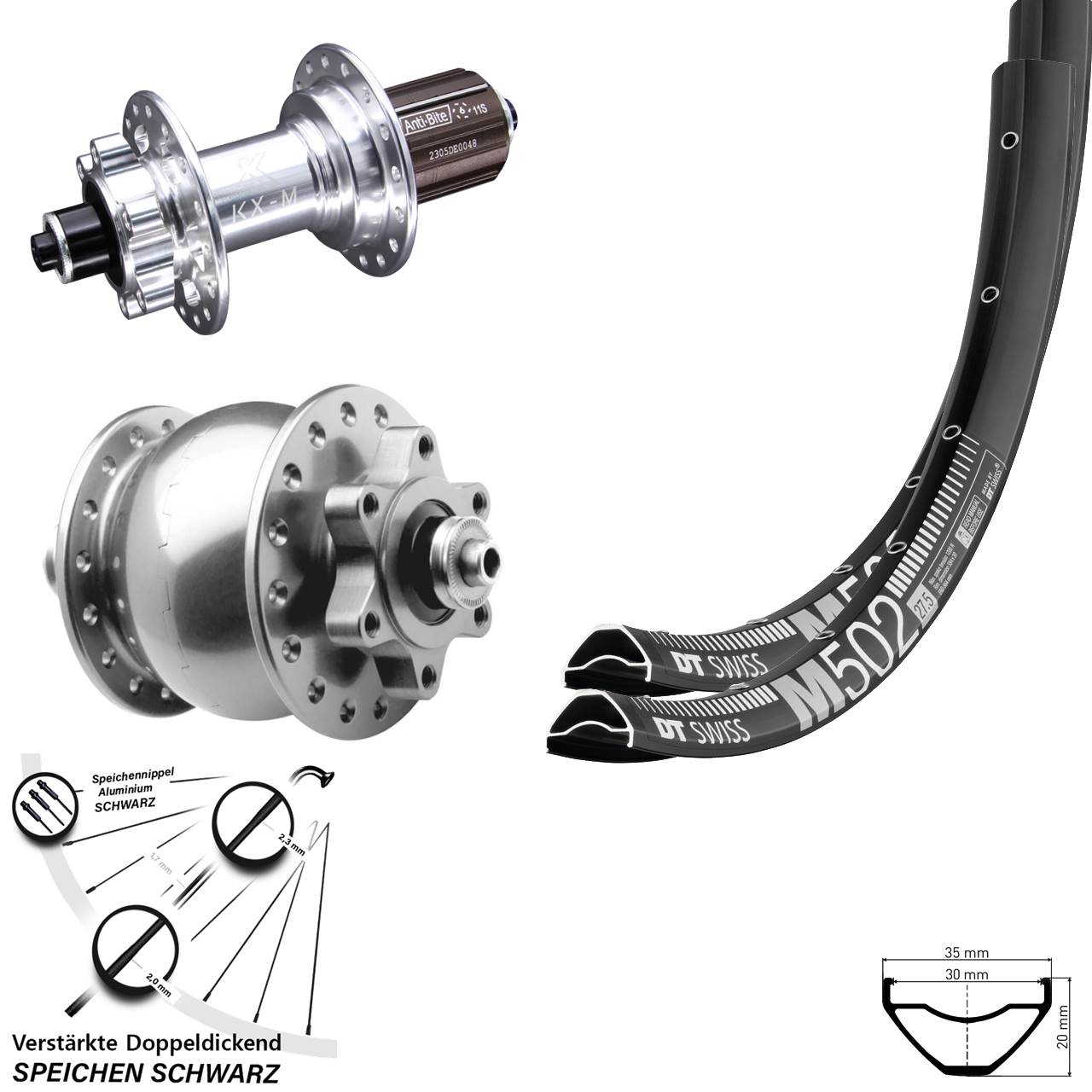 Laufradsatz 6-Loch 27,5 Zoll DT Swiss M 502 KX-M SON 28 silbern 8-12 fach QR