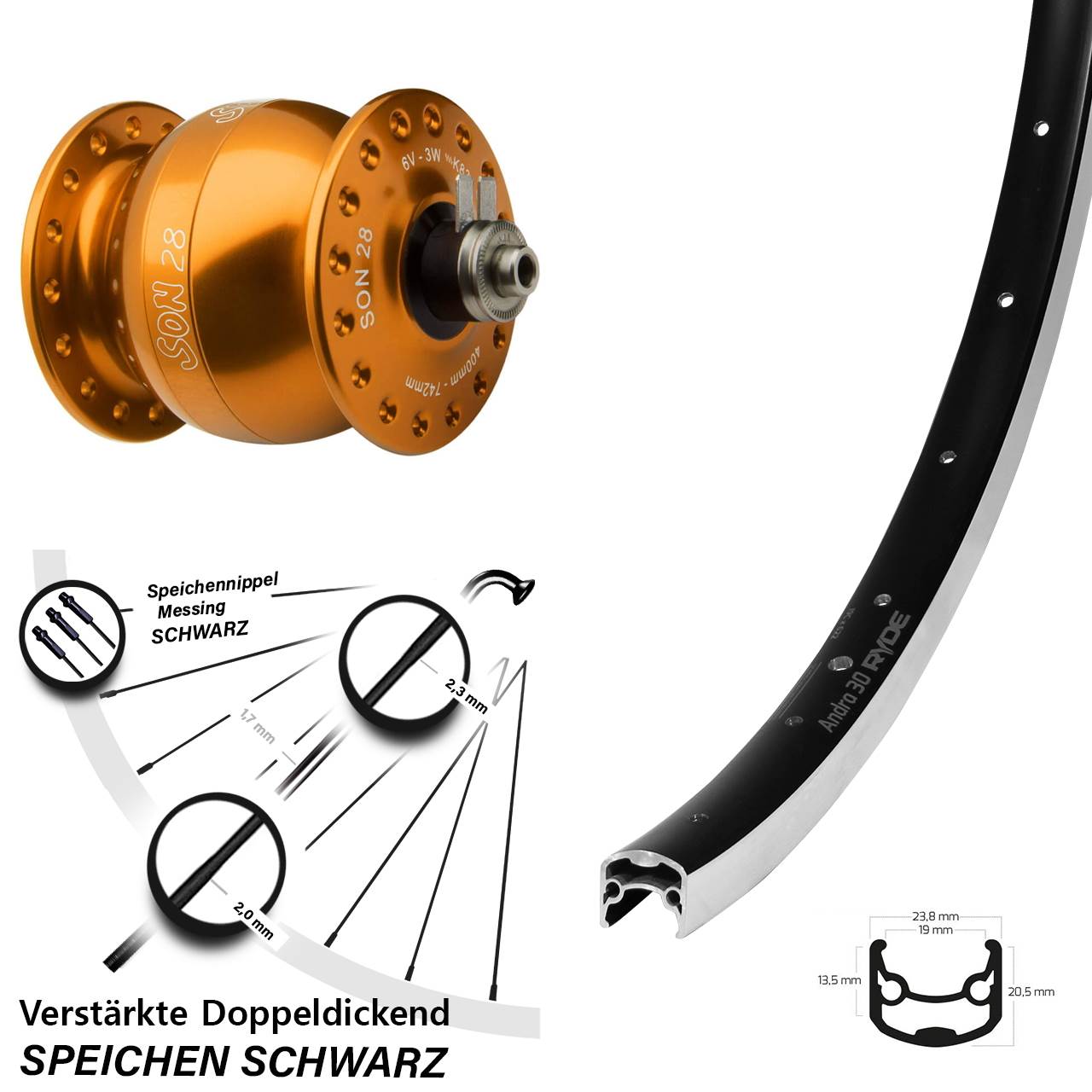 Vorderrad mit Nabendynamo QR SON 28 Zoll Ryde Andra 30 orange