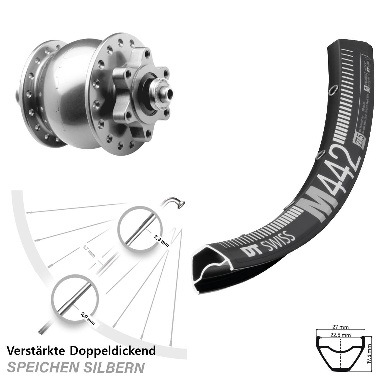 DT Swiss M 442 SON 28 Zoll silbern Disc Vorderrad mit Nabendynamo für Schnellspanner