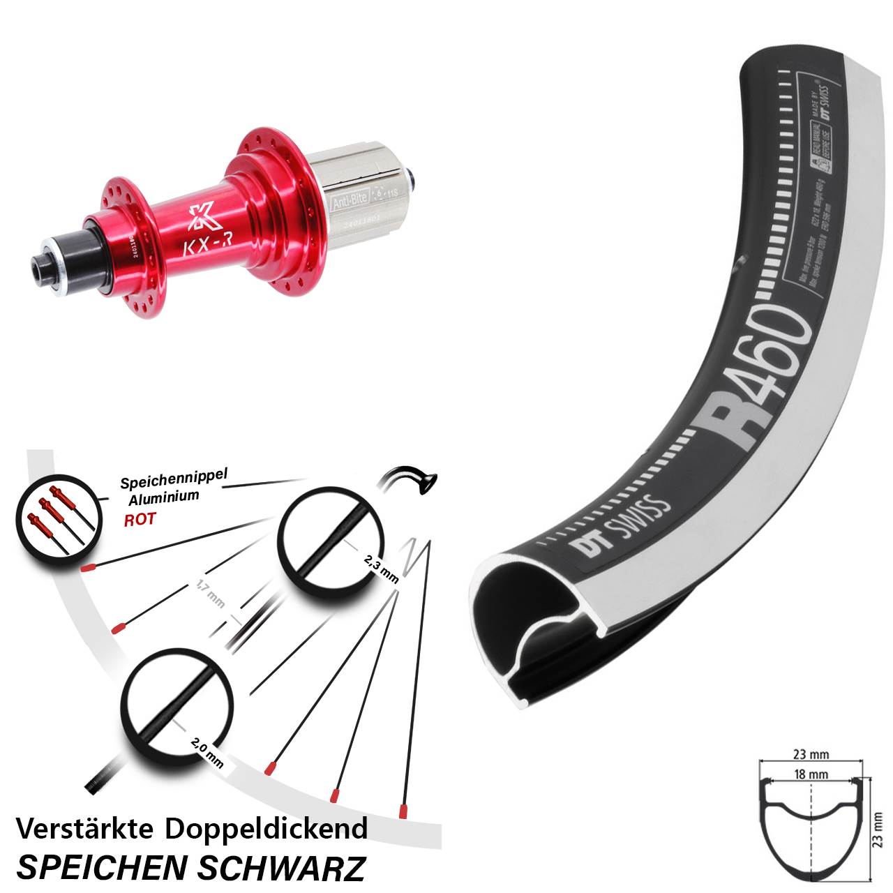 28 Zoll DT Swiss R 460 KX-R rot Hinterrad für Schnellspanner 8-12 fach