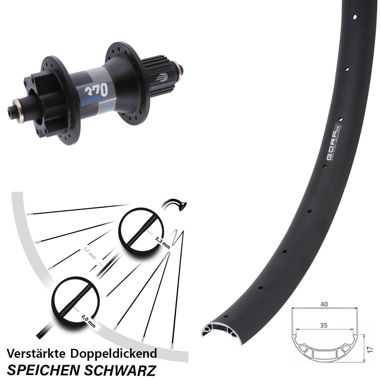 27,5 Zoll Gora 35 DT Swiss 370 Hybrid 6-Loch Hinterrad QR Boost Shimano Micro Spline