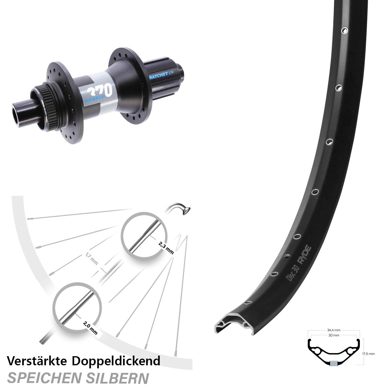 Hinterrad Centerlock 12x148 29 Zoll Ryde Disc 30 DT Swiss 370 Hybrid 8-11 fach HG