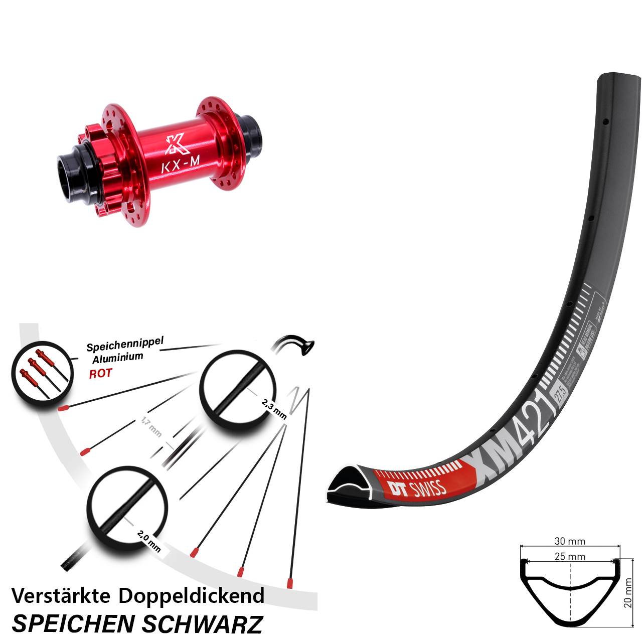 DT Swiss XM 421 KX-M rot 27,5 Zoll Vorderrad 6-Loch 20x110 non Boost