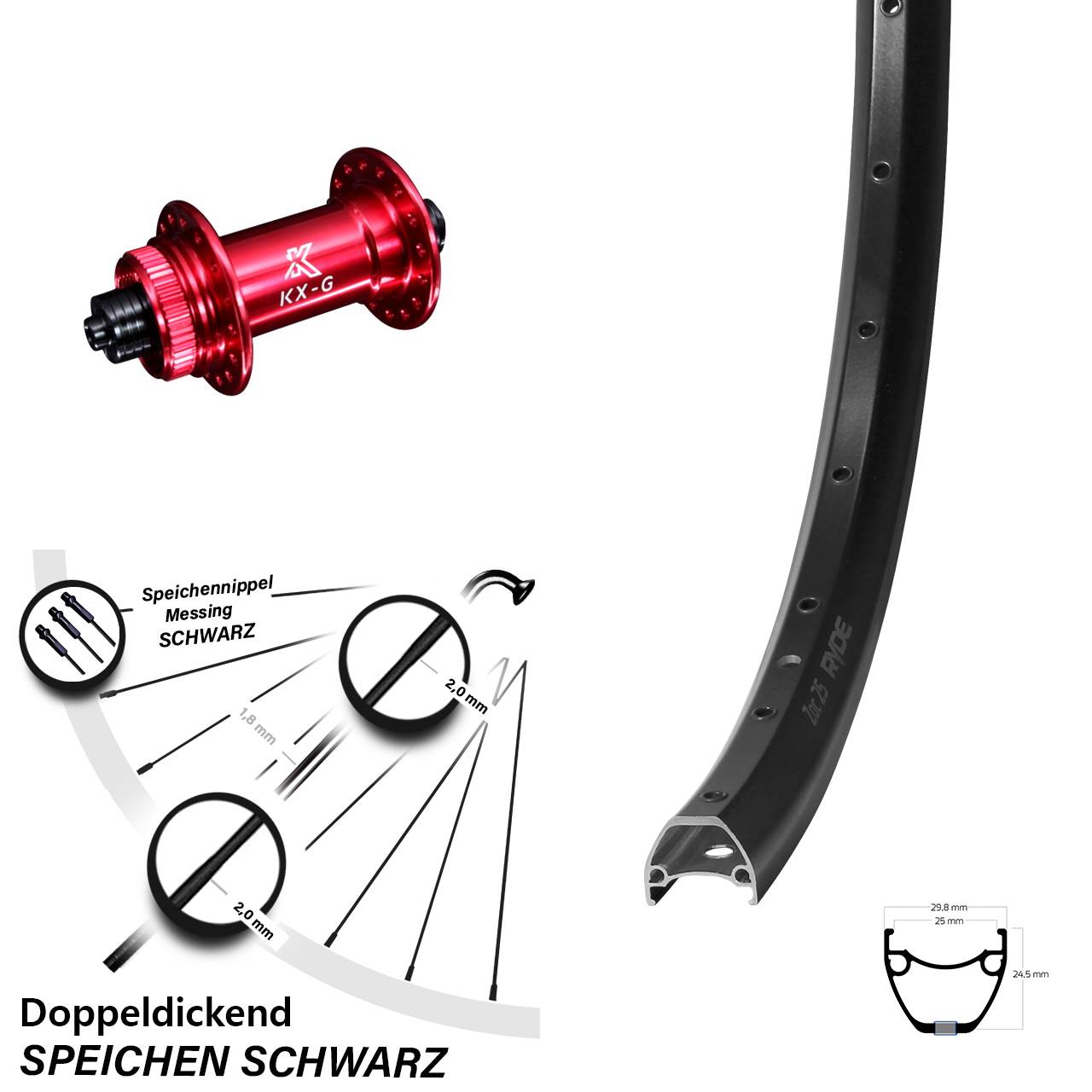 Vorderrad Centerlock 28-29 Zoll Ryde ZAC 25 KX-G rot QR