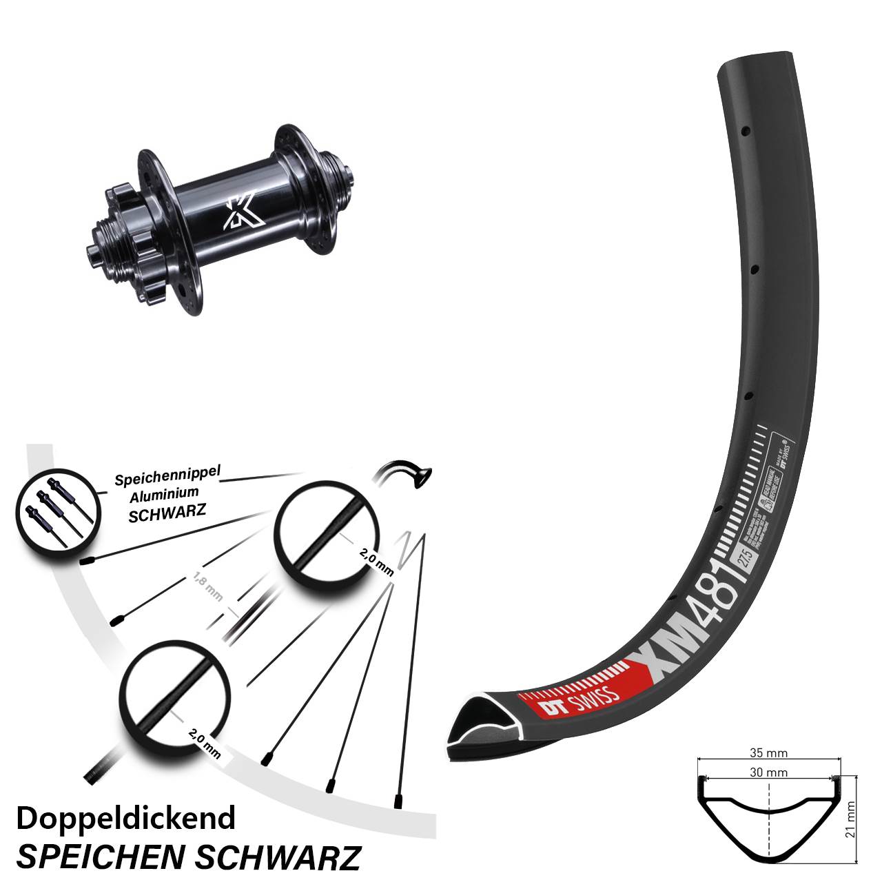DT Swiss XM481 KX-M 27,5 Zoll Disc Vorderrad für Schnellspanner
