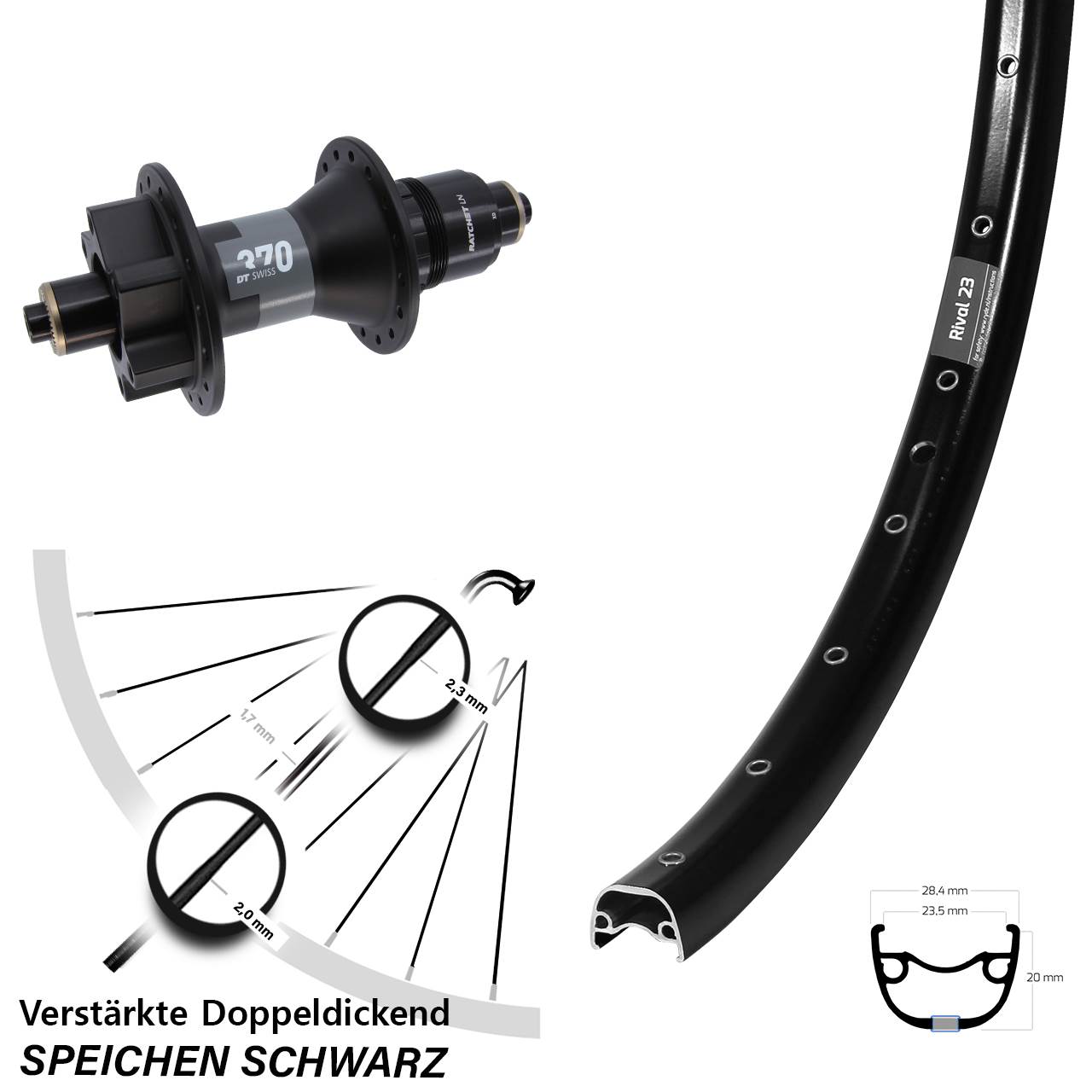 27,5 Zoll Ryde Rival 23 DT Swiss 370 Hinterrad 6-Loch für Schnellspanner Boost SRAM XD