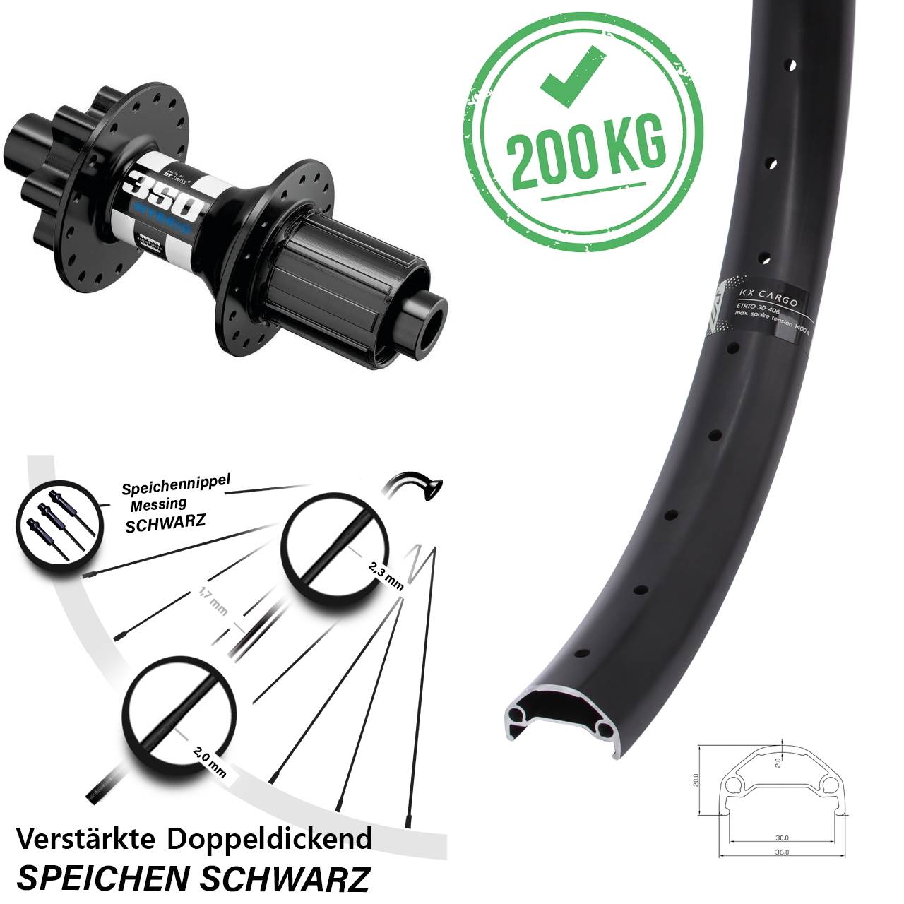 Disc Hinterrad 20 Zoll KX Cargo DT Swiss 350 Hybrid 8-11 fach HG 12x148 Boost