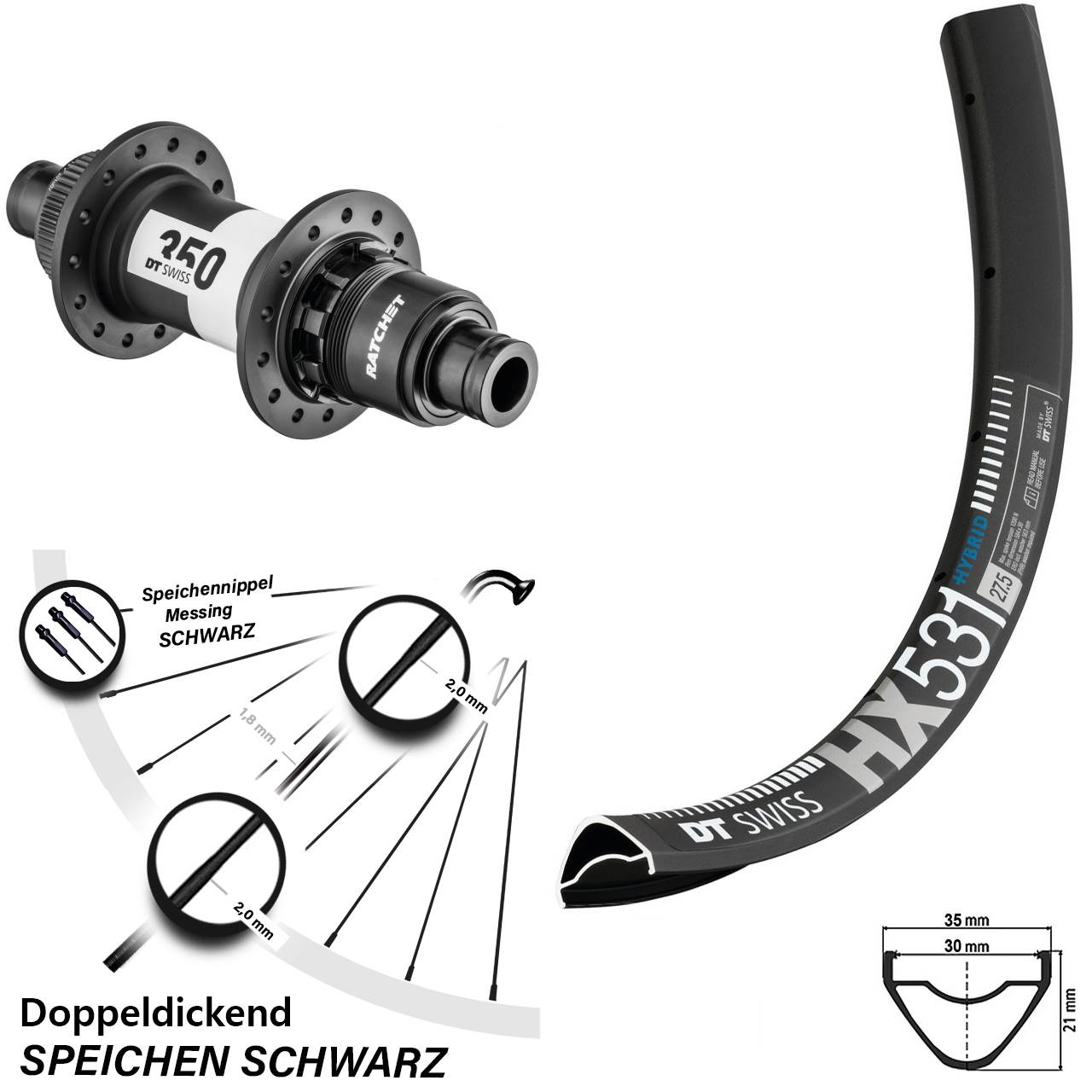Hinterrad 29 Zoll DT Swiss HX 531 DB 350 Hinterradnabe Centerlock Sram XD 12 mm Steckachse