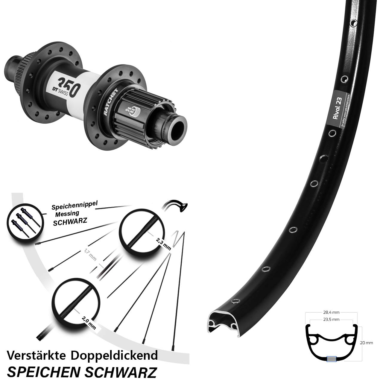 27,5 Zoll Ryde Rival 23 DT Swiss 350 Boost Centerlock Hinterrad 12x148 Boost Micro Spline
