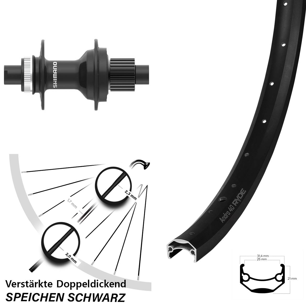 Disc Laufrad 12x142 26 Zoll Ryde Andra 40 Shimano FH-MT410 Micro Spline