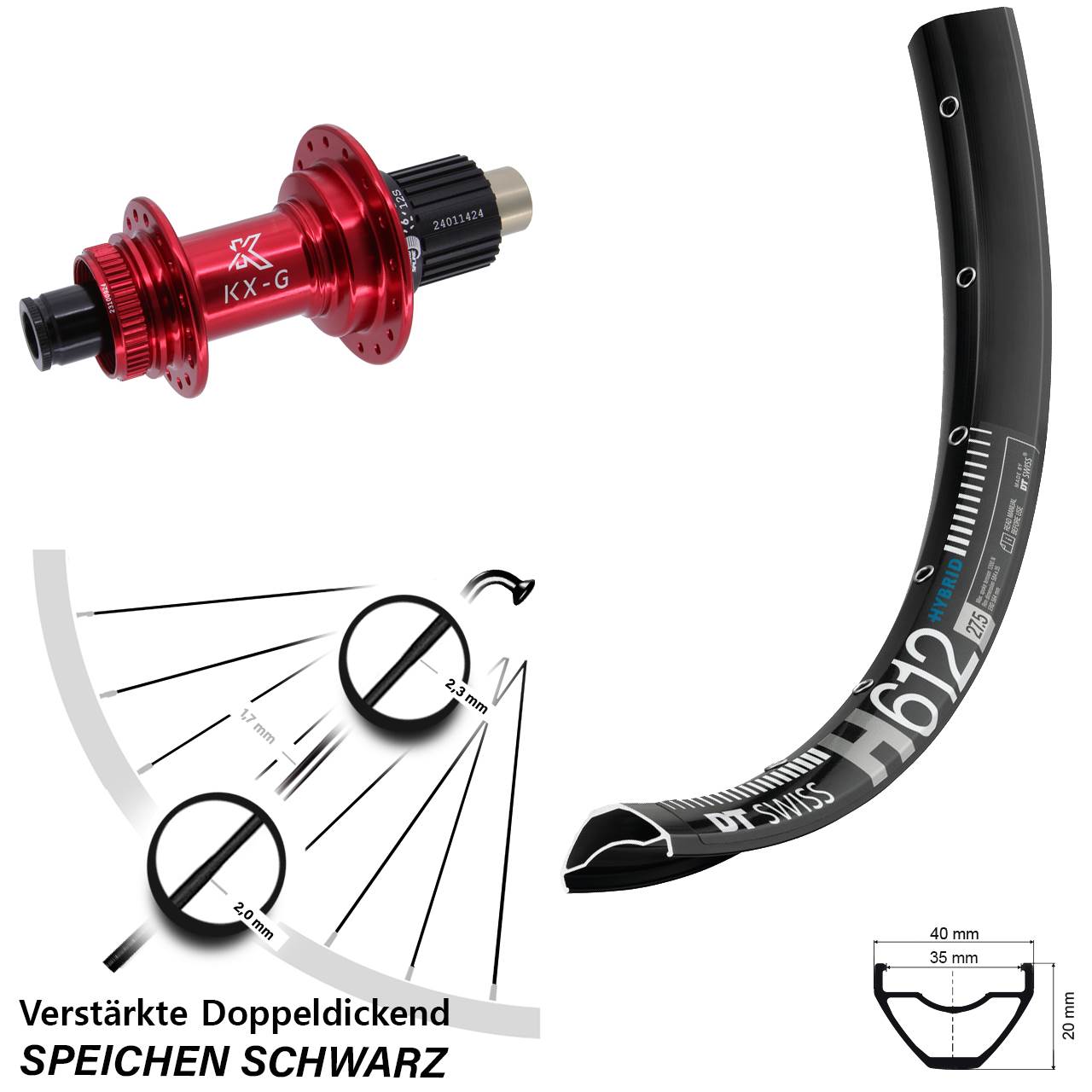 DT Swiss H612 KX-G rot 27,5 Zoll Disc Laufrad 12x142 Shimano Micro Spline
