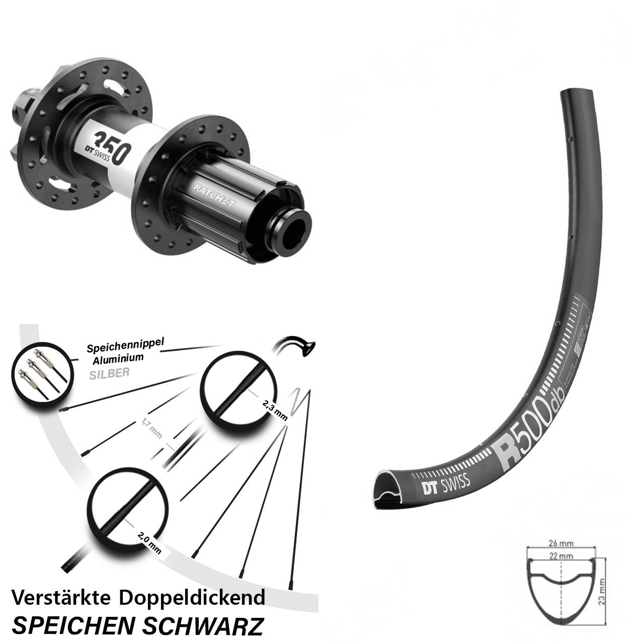 Hinterrad DT Swiss R500-350 Disc Steckachse 12x142 mm 8-11 fach