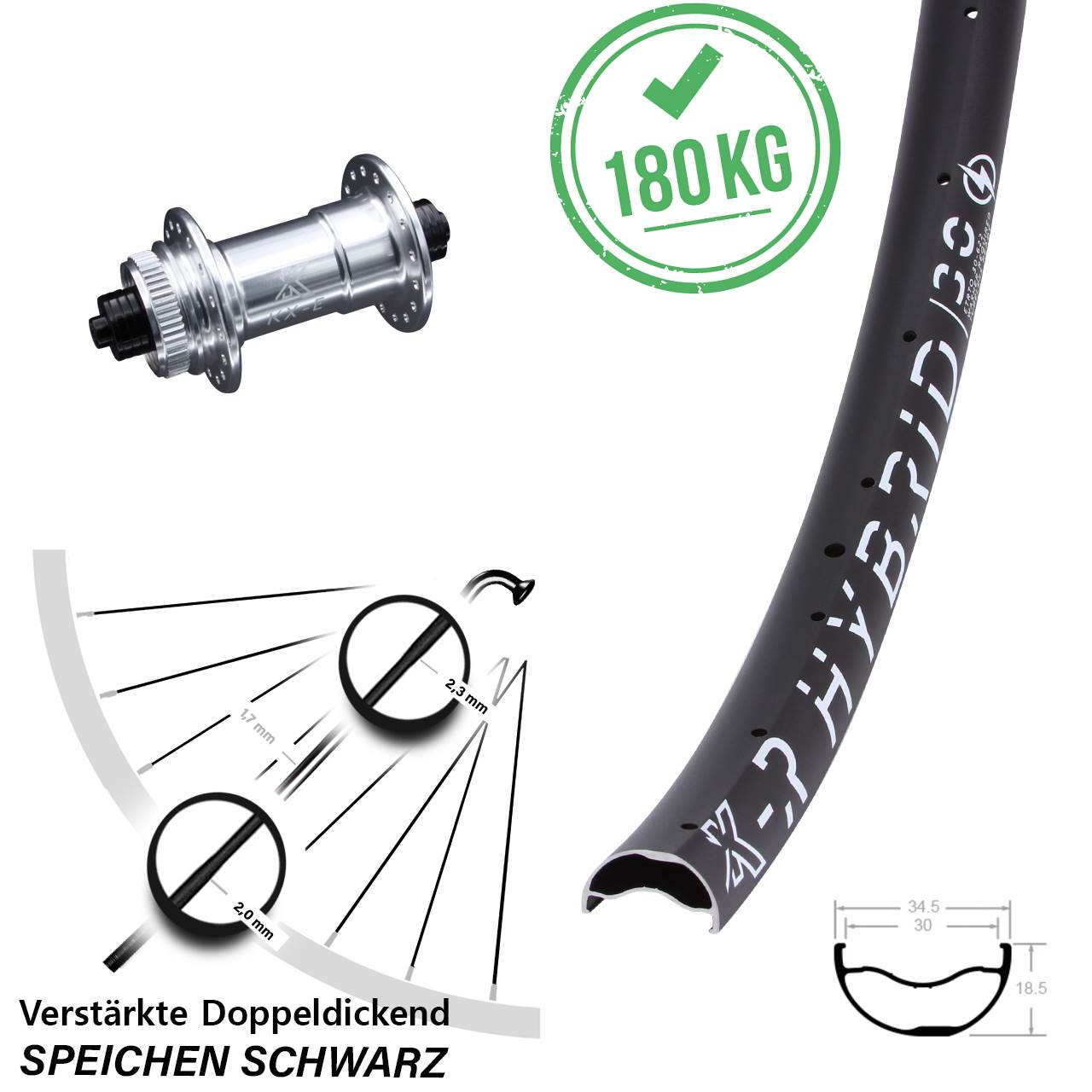 29 Zoll Vorderrad KX-ER Hybrid 30 verstärkt Centerlock silbern eloxiert