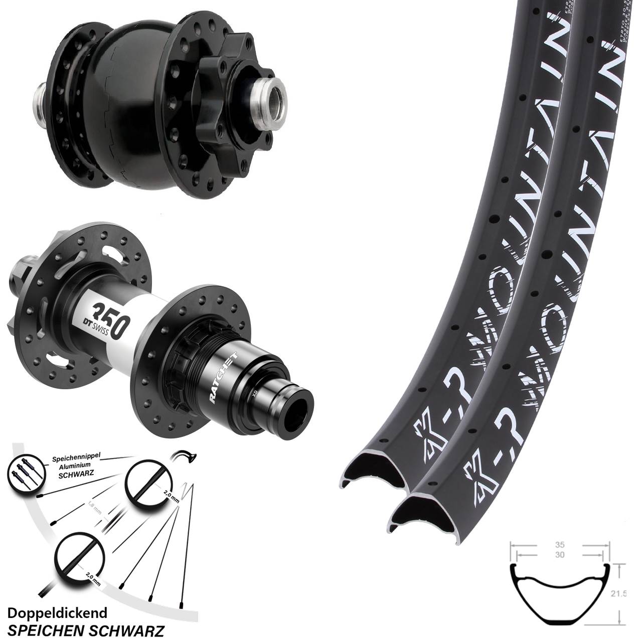 Laufradsatz 29 Zoll KX-R Mountain 6-Loch 12x100/142 DT Swiss 350 SON 28 Nabendynamo XD