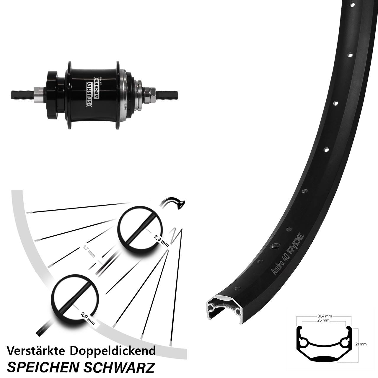 Ryde Andra 40 28 Zoll Hinterrad Sturmey Archer A2K Disc schwarz