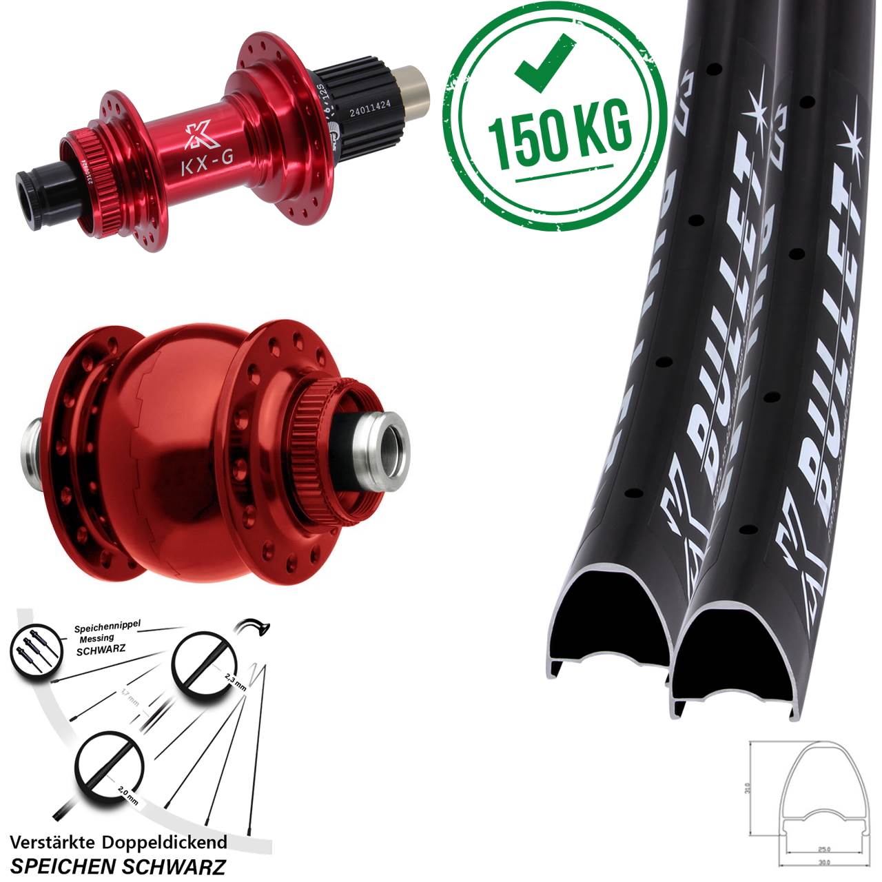 Disc Laufrad-Satz 12x100/142 29 Zoll KX-G Bullet OS rot SON 28 Shimano Micro Spline