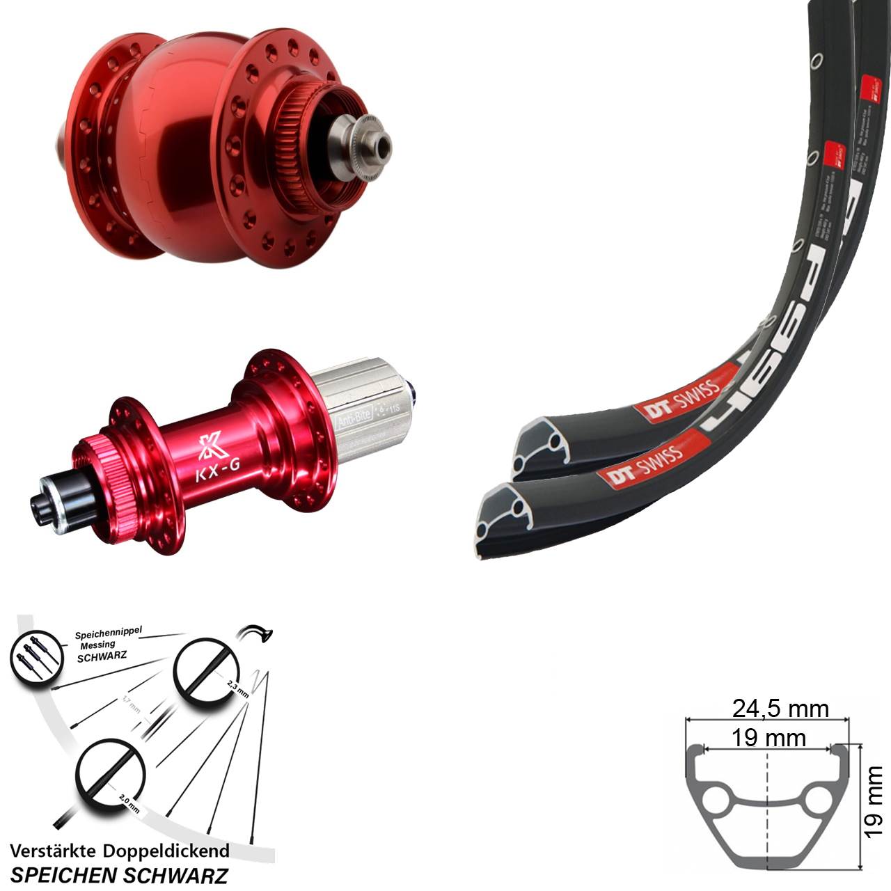 DT Swiss 466 KX-G rot SON 28 Zoll Disc Laufrad-Satz für Schnellspanner 8-12 fach
