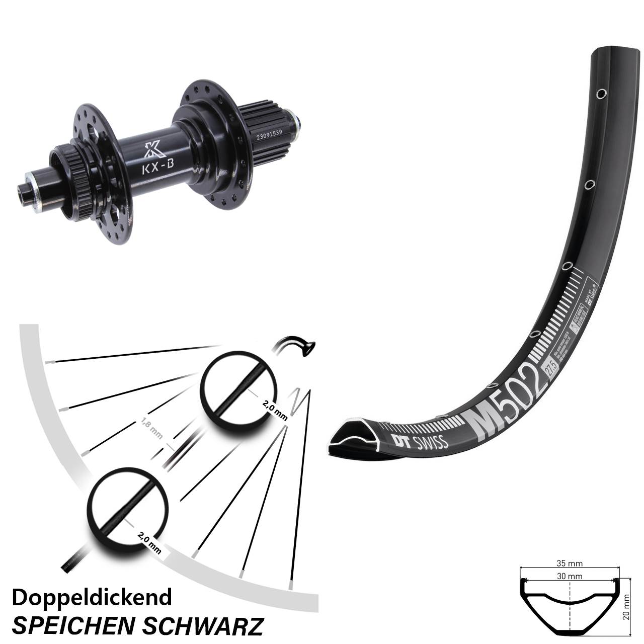 Hinterrad 29 Zoll DT Swiss M502 KX-B Shimano Micro Spline für Schnellsp.