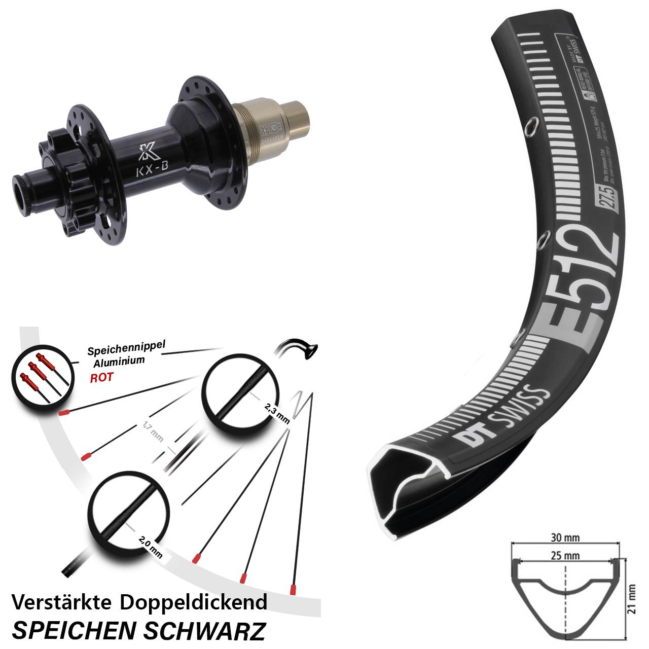 27,5 Zoll DT Swiss E512 KX-B Boost 6-Loch Hinterrad 12x148 SRAM XD