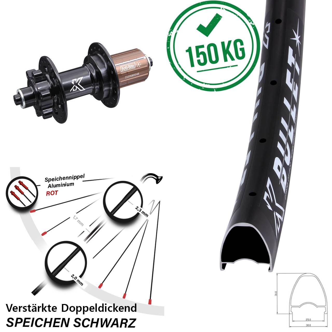 6-Loch Hinterrad für Schnellspanner 28 Zoll KX-M Bullet 8-12 fach HG