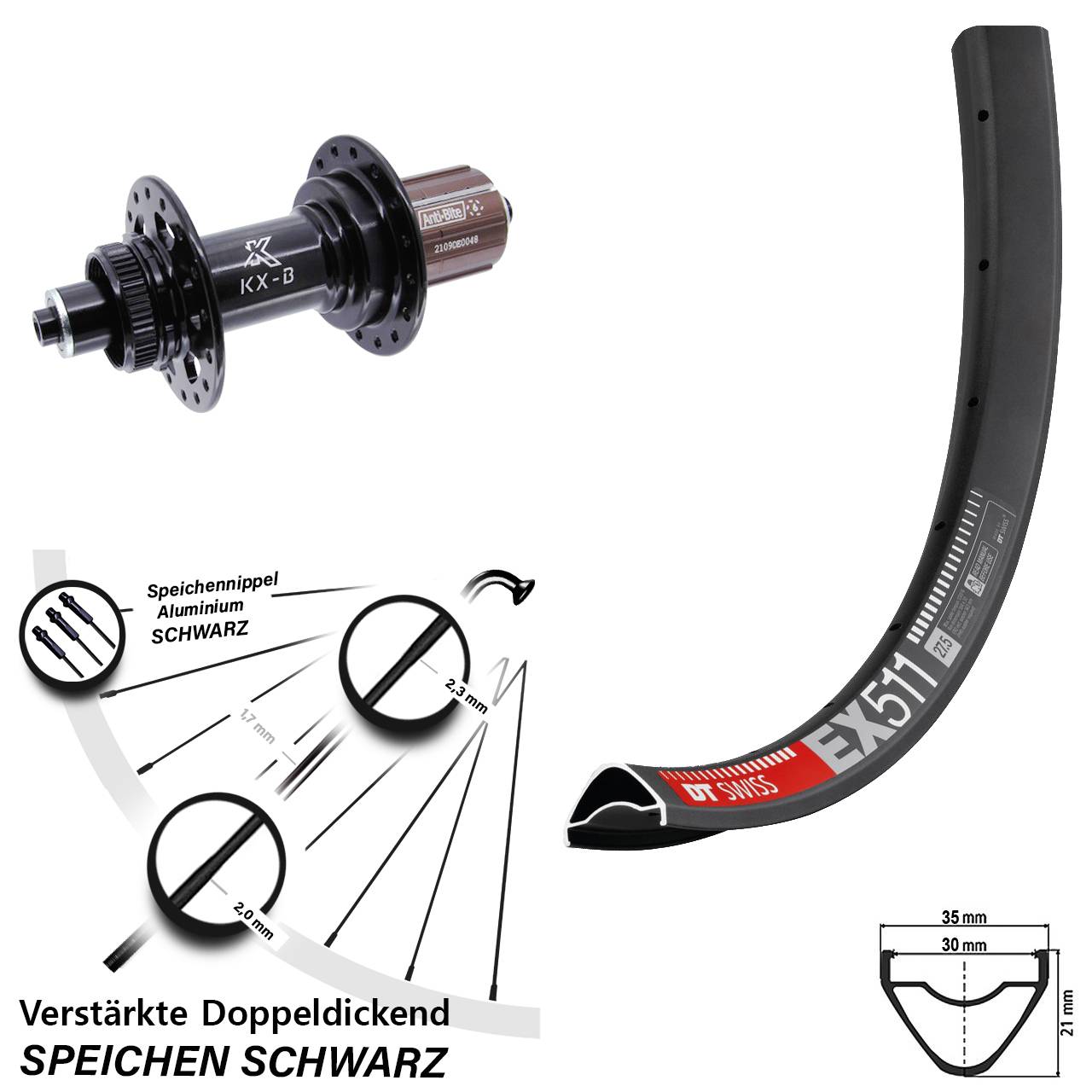 DT Swiss EX 511 KX-B 29 Zoll Centerlock Hinterrad für Schnellspanner Boost 8-11 fach