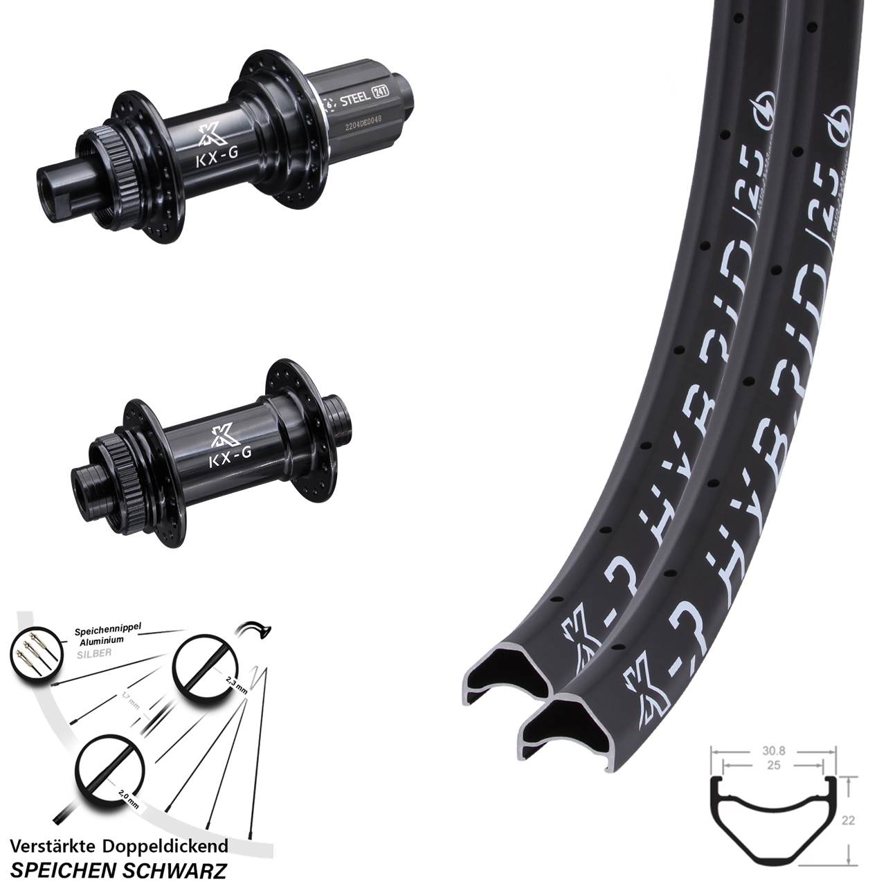 Laufradsatz 28 Zoll Hybrid 25 KXR-GS Gravel verstärkt 8-12 fach HG 12x100/142