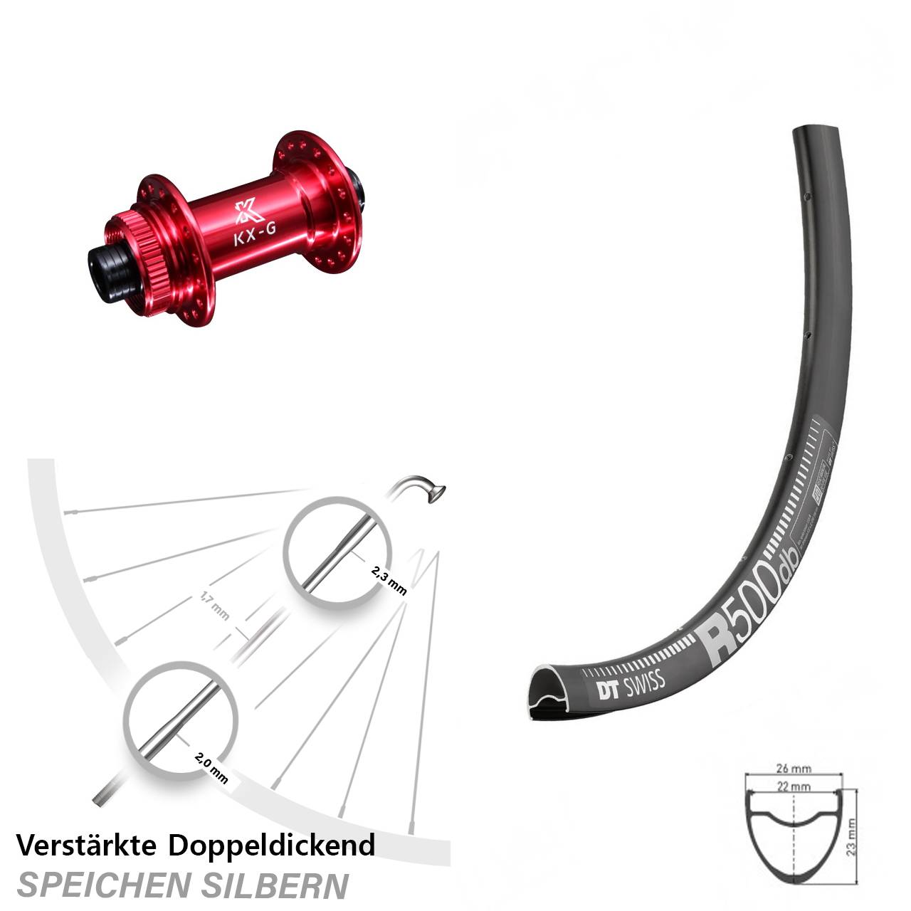 Road Disc DT Swiss R 500 Vorderrad 28 Zoll verstärkt KX-G rot-eloxiert 12x100 mm