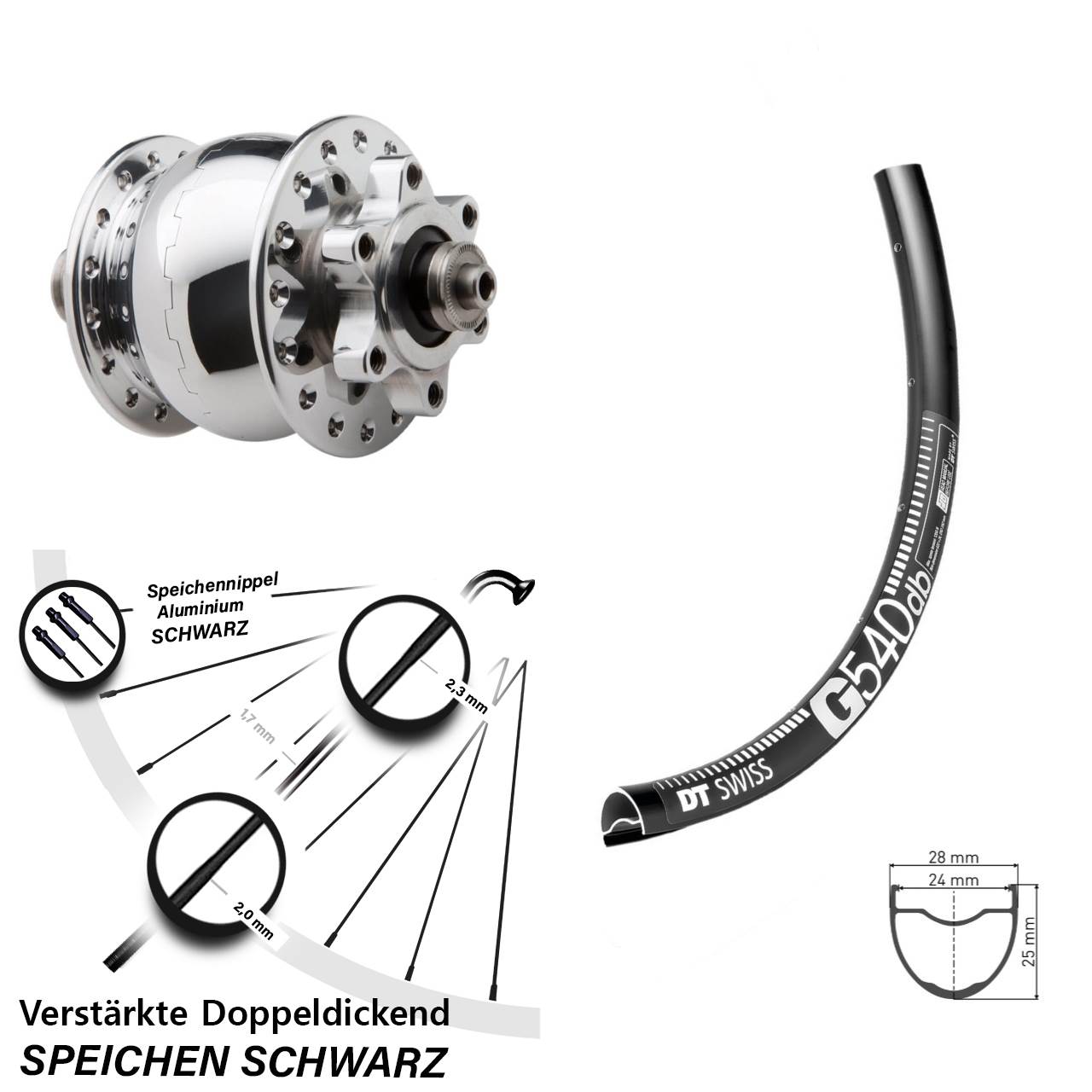 Disc Laufrad mit Nabendynamo 27,5 Zoll DT Swiss G540 SON 28 QR