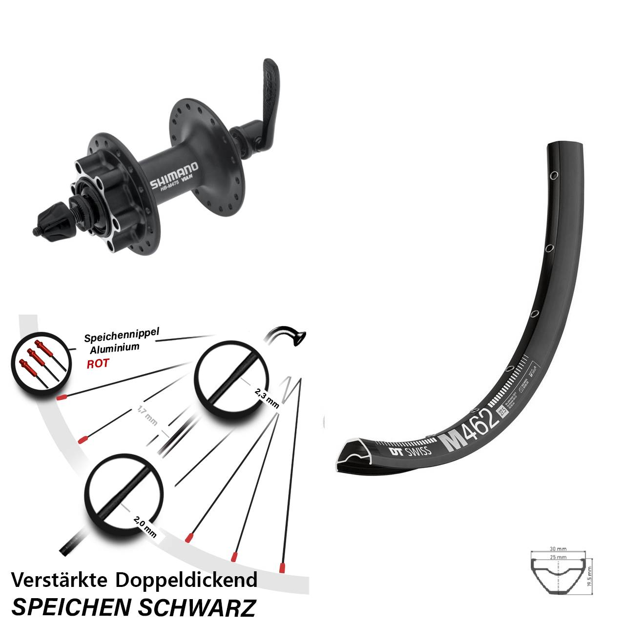 Disc Vorderrad 27,5 Zoll DT Swiss M 462 Shimano HB-M475 für Schnellspanner