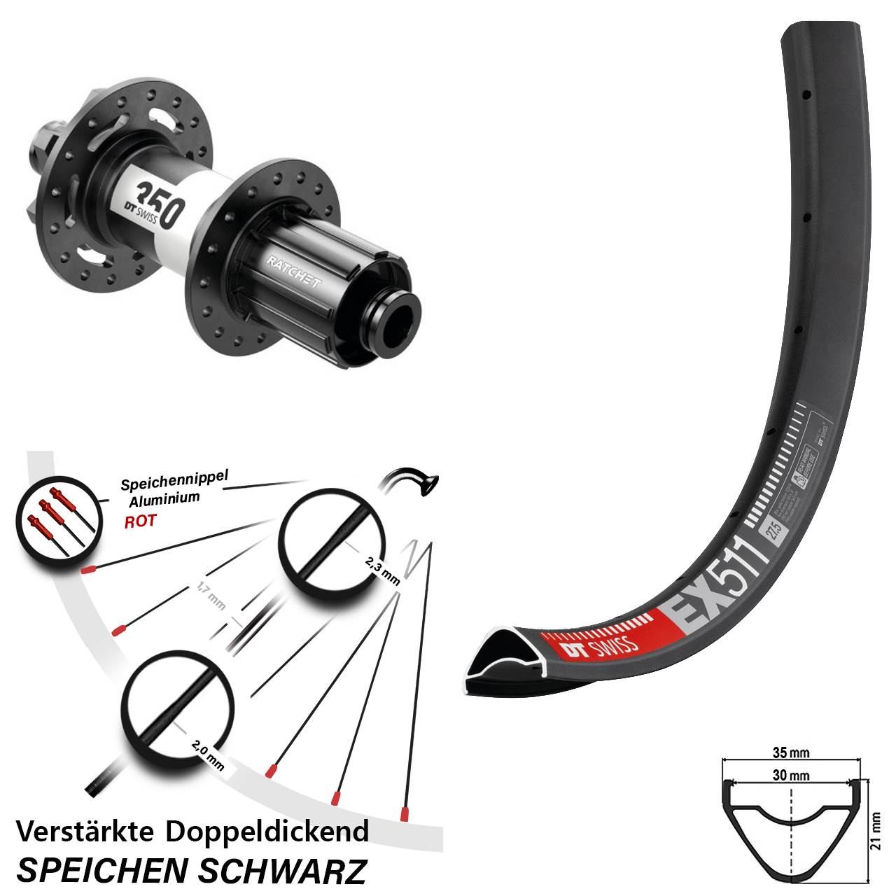 27,5 Zoll EX 511 DT Swiss 350 Disc Hinterrad 12x148 Boost 8-11 fach HG