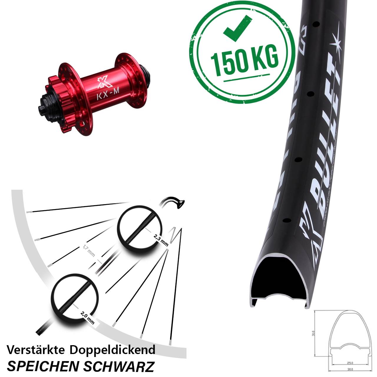 KX-M Bullet rot 28 Zoll 6-Loch Vorderrad für Schnellspanner