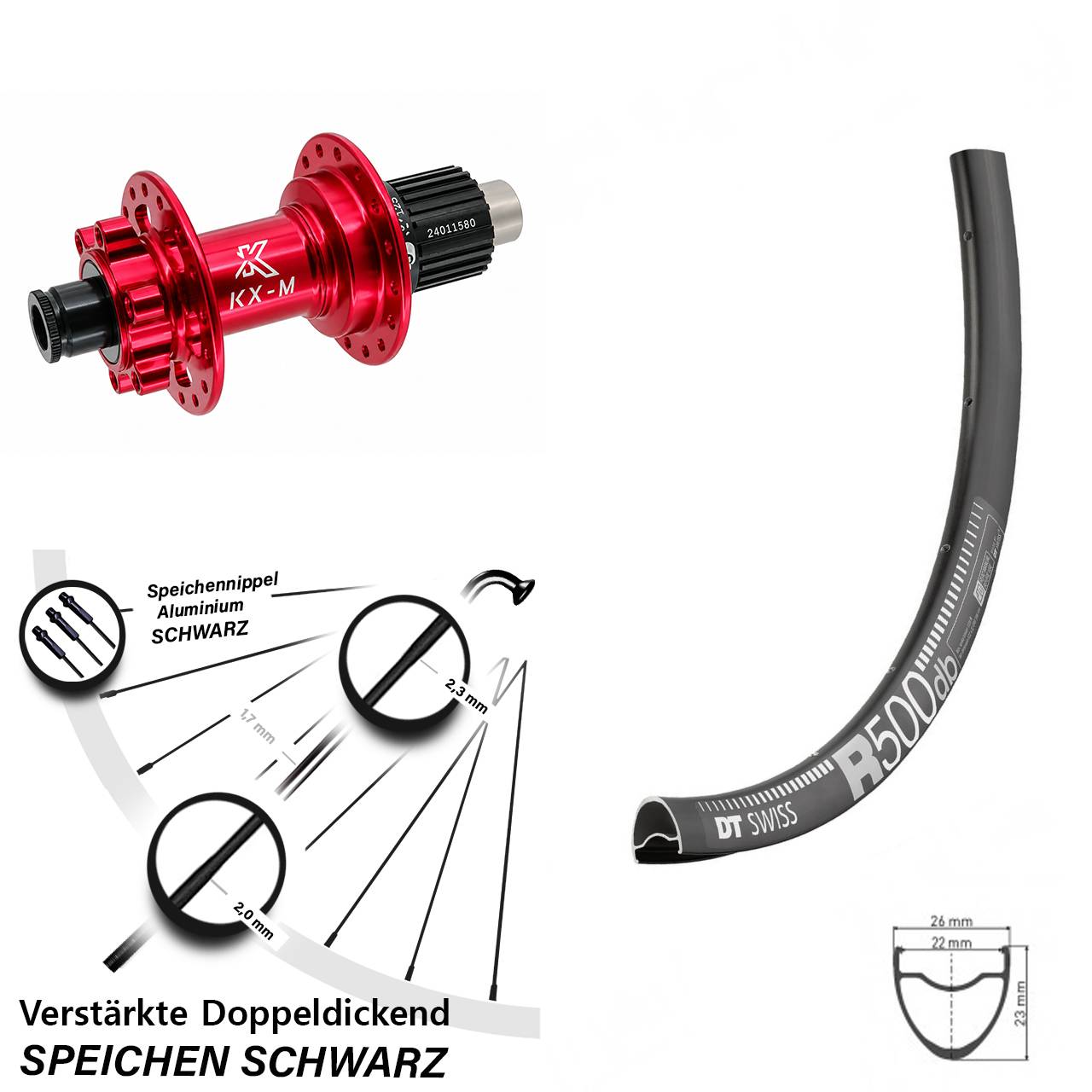 6-Loch Hinterrad 29 Zoll DT Swiss R 500 KX-M rot Micro Spline 12x142