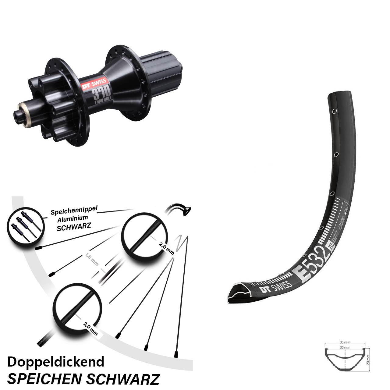 29 Zoll DT Swiss E 532-370 Hybrid Disc Hinterrad QR 8-11 fach