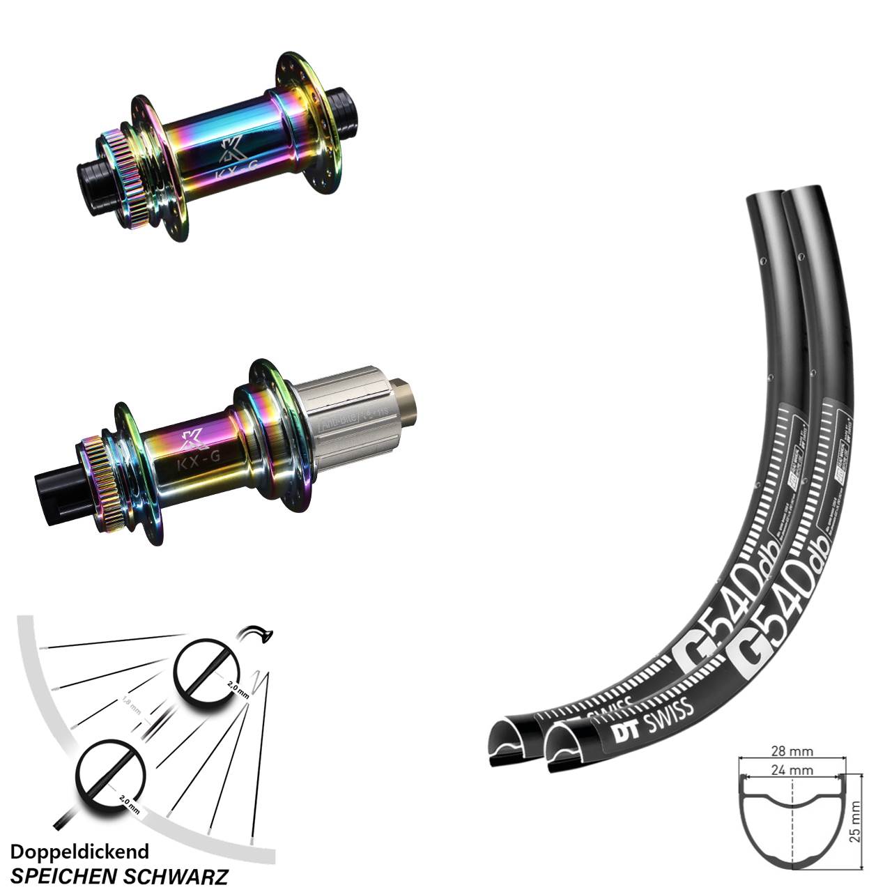 Laufradsatz 28 Zoll Steckachse DT Swiss RR 481 KX-G Oilslick Centerlock Road 8-12 fach