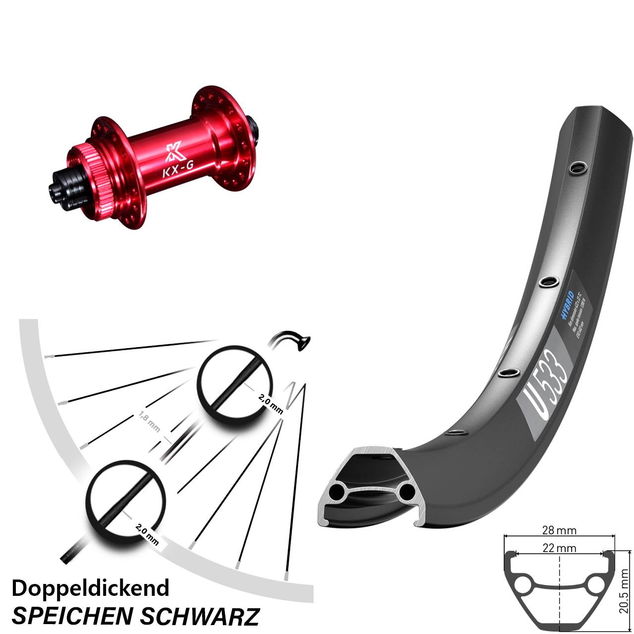 29 Zoll DT Swiss U 533 KX-G rot Disc Laufrad für Schnellspanner