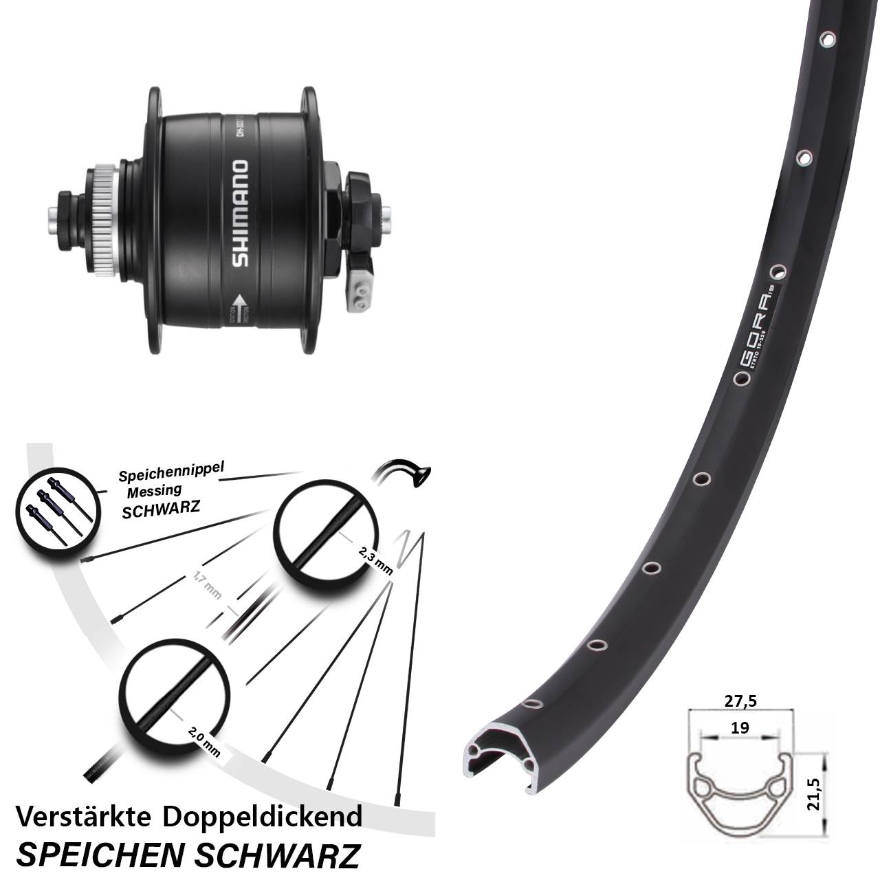 Nabendynamovorderrad Centerlock QR 28 Zoll Gora 19 Shimano DH-3D37-QR