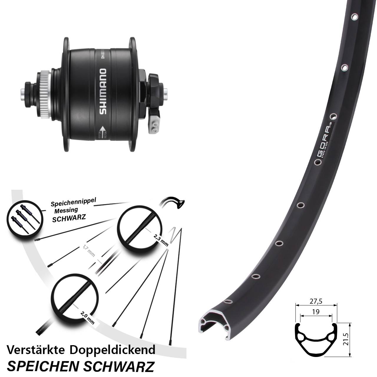 Nabendynamovorderrad Centerlock QR 28 Zoll Gora 19 Shimano DH-3D37-QR