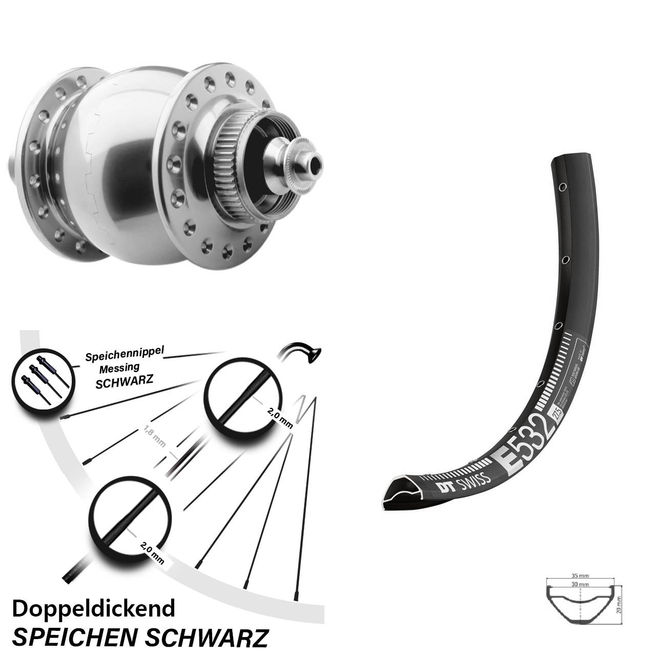 Disc Nabendynamovorderrad 27,5 Zoll DT Swiss E 532 SON 28 silbern für Schnellspanner
