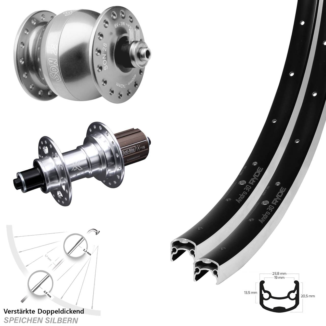 SON 28 Zoll Ryde Andra 30 KX-T Laufradsatz für Schnellspanner 8-12 fach