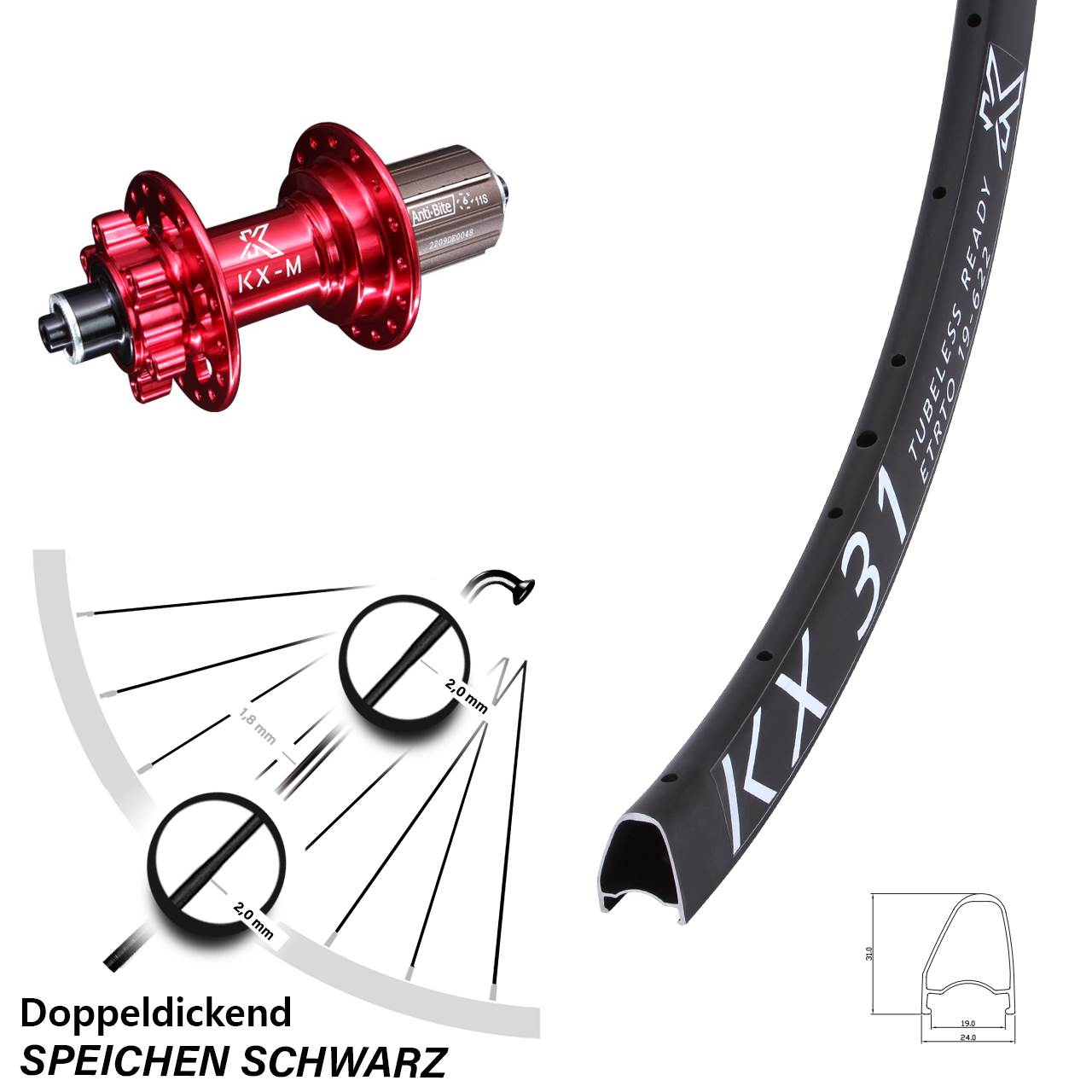 Disc Laufrad QR 28 Zoll KX-M 31 Offset rot 8-12 fach