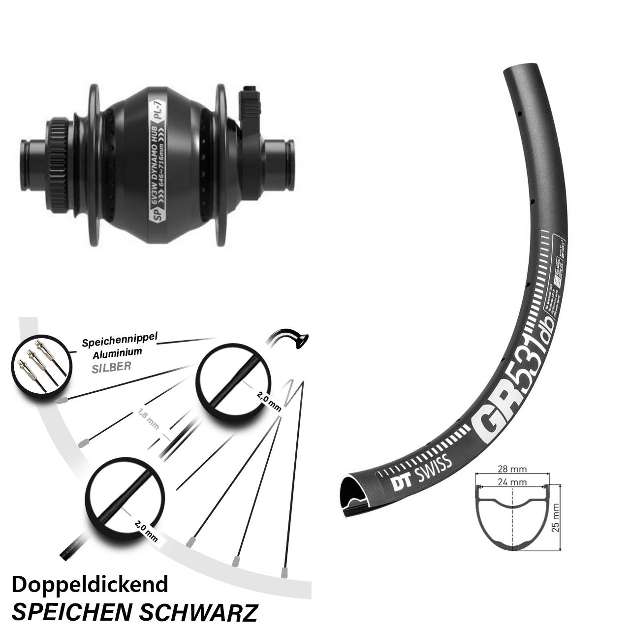 Centerlock Vorderrad mit Dynamo 27,5 Zoll DT Swiss GR 531 Shutter Precision PL-7 12x100