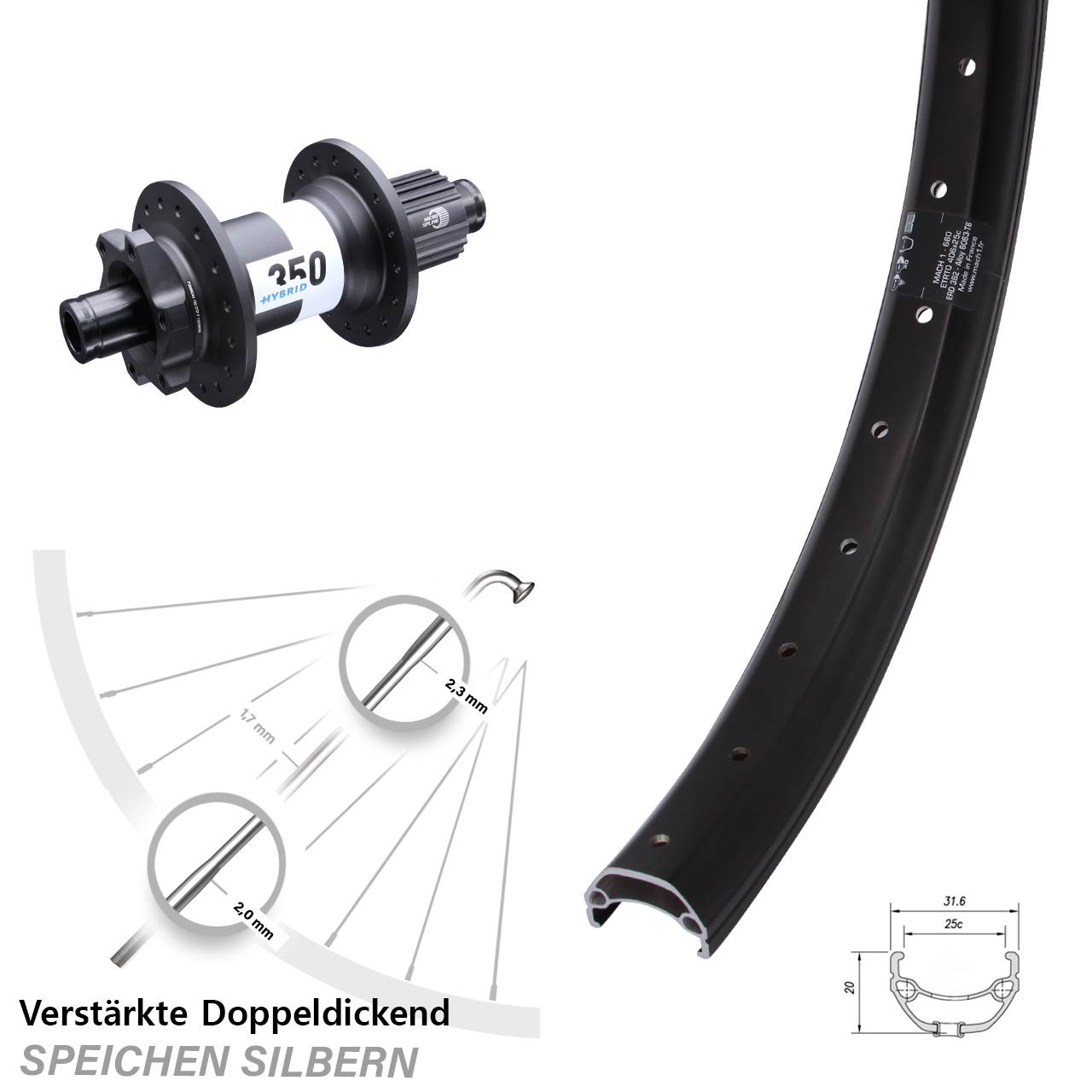 6-Loch Hinterrad 12x148 20 Zoll Mach1 Kargo DT Swiss 350 Hybrid Shimano Micro Spline
