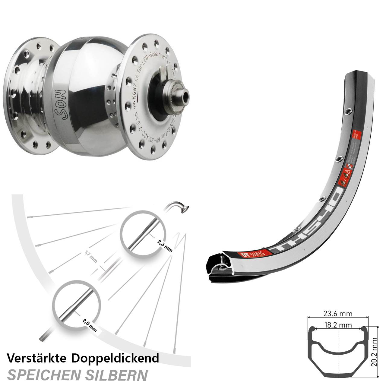SON delux wide body DT Swiss TK 540 28 Zoll Nabendynamovorderrad für Schnellspanner
