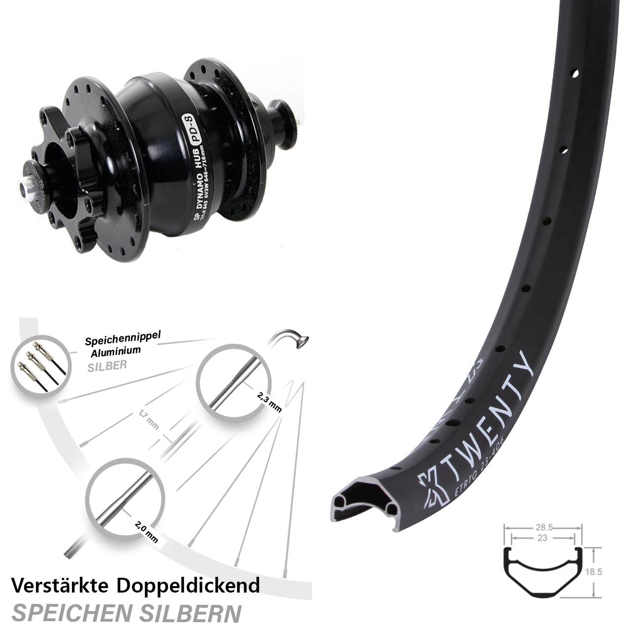KX Twenty Shutter Precision PD-8 20 Zoll Disc Vorderrad mit Nabendynamo für Schnellspanner