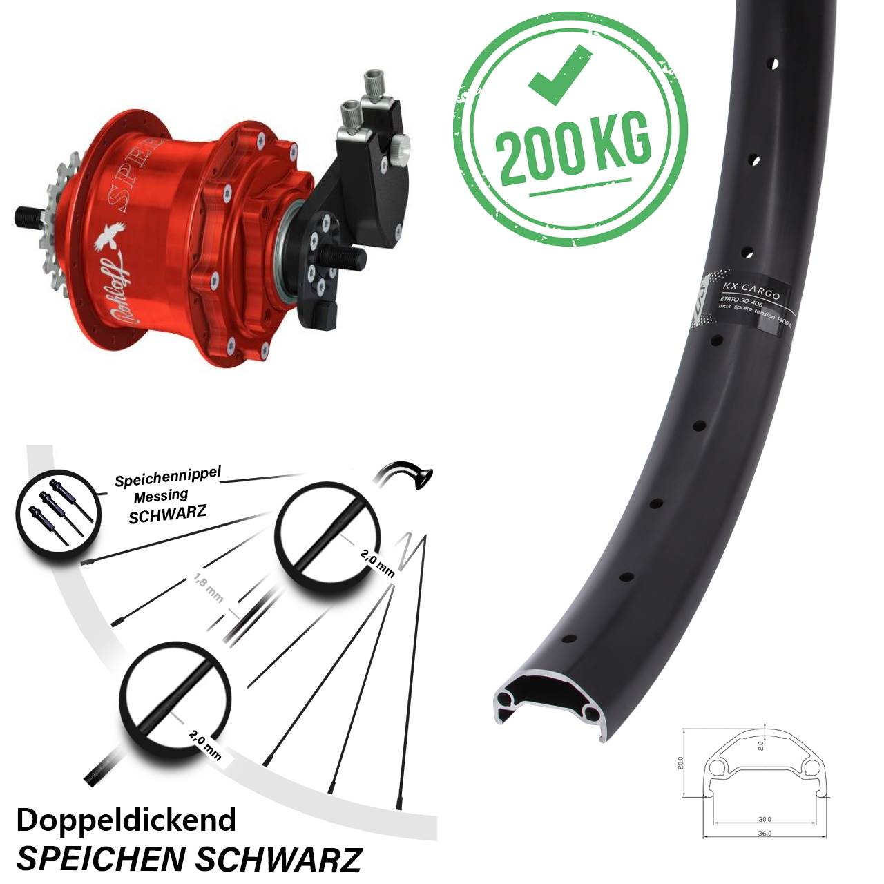 schwarzes 29 Zoll Hinterrad KX Cargo mit Rohloff Speedhub 500/14 TS DB OEM rot Nabe