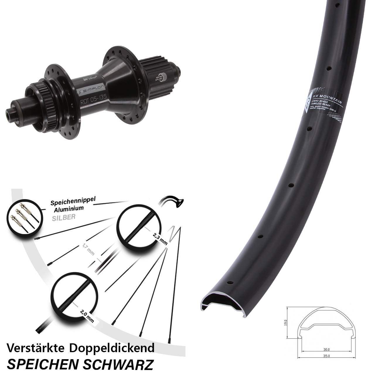 29 Zoll KX Mountain DT Swiss 370 Hybrid Centerlock Hinterrad QR Micro Spline