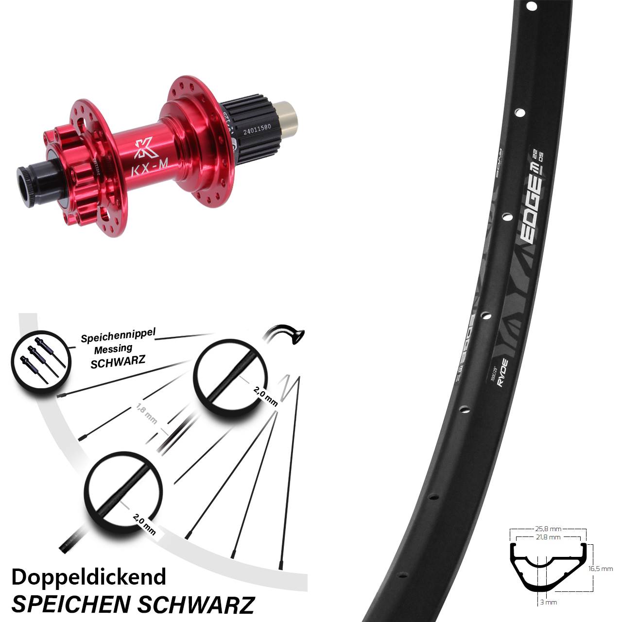 28 Zoll Ryde Edge M22 Hinterrad KX-M rot Micro Spline 12x142