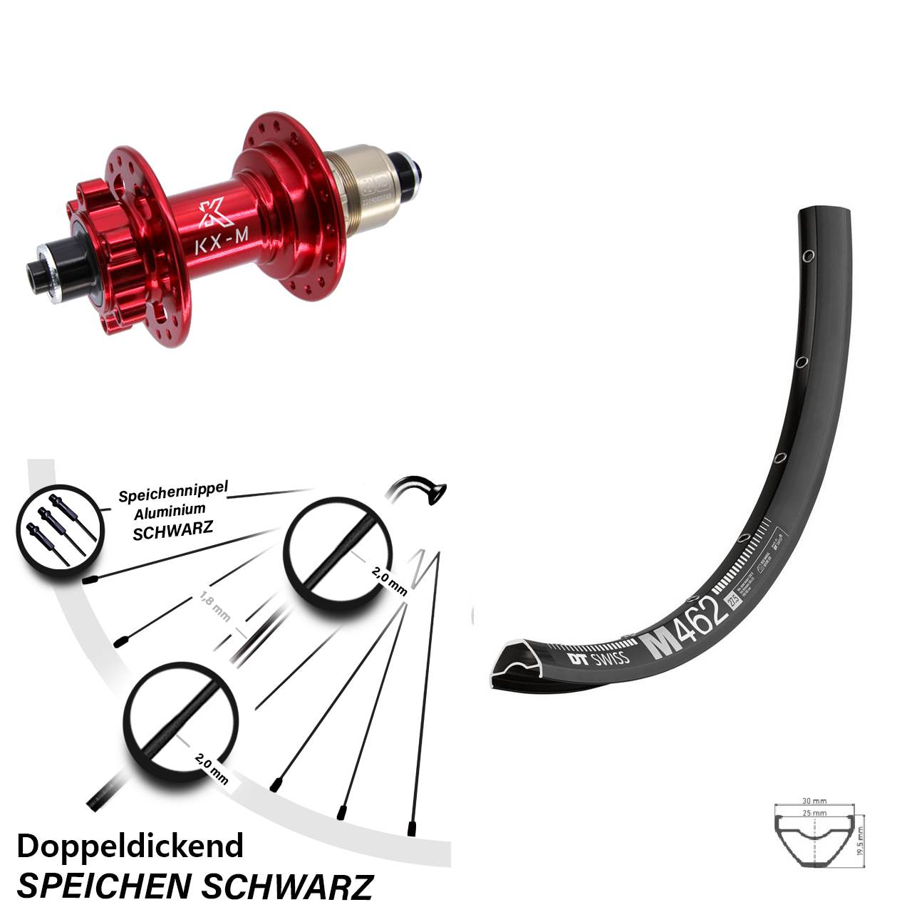 Hinterrad 6-Loch QR 650B DT Swiss M462 KX-M rot SRAM XD