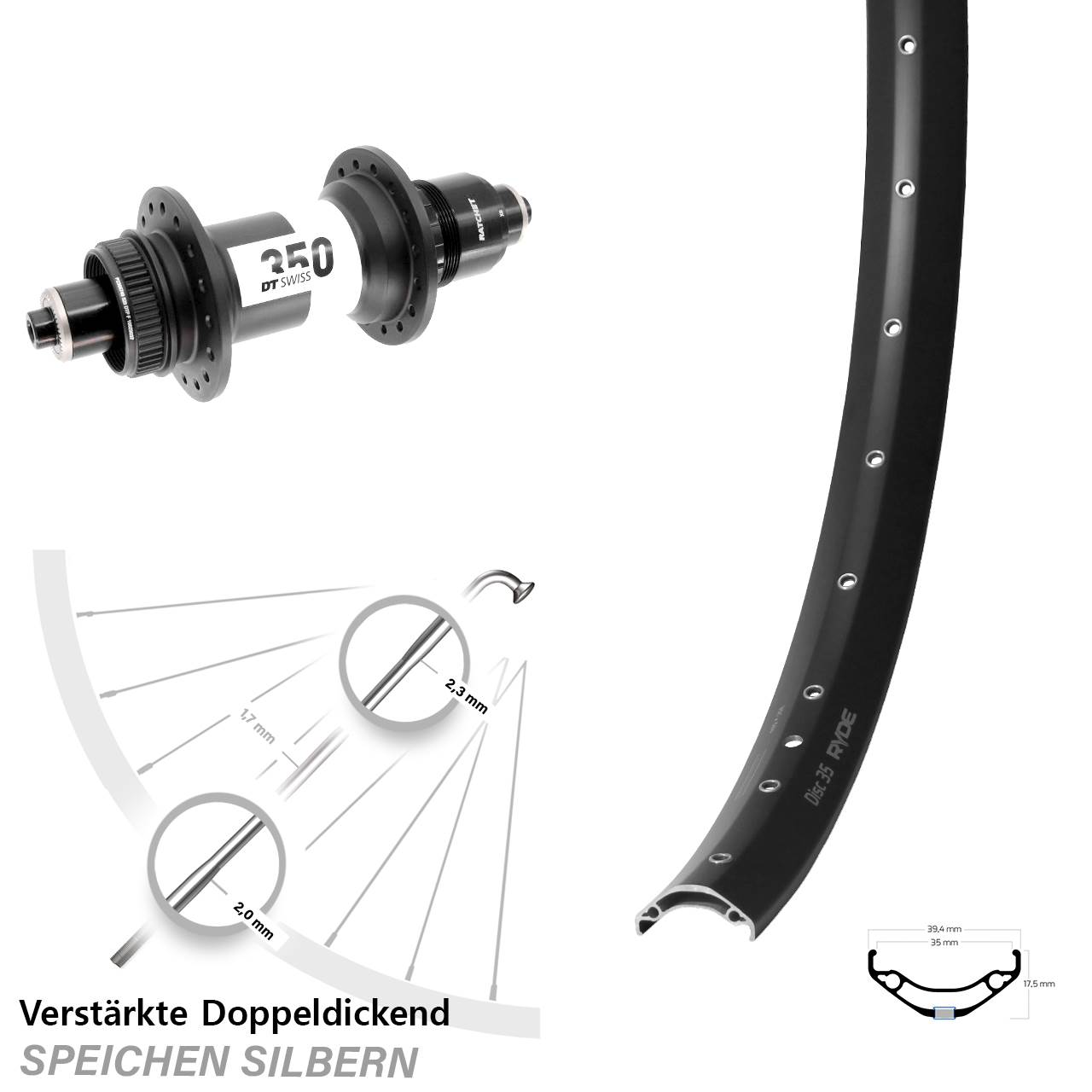 29 Zoll Ryde Disc 35 DT Swiss 350 Boost Disc Laufrad für Schnellspanner Boost SRAM XD