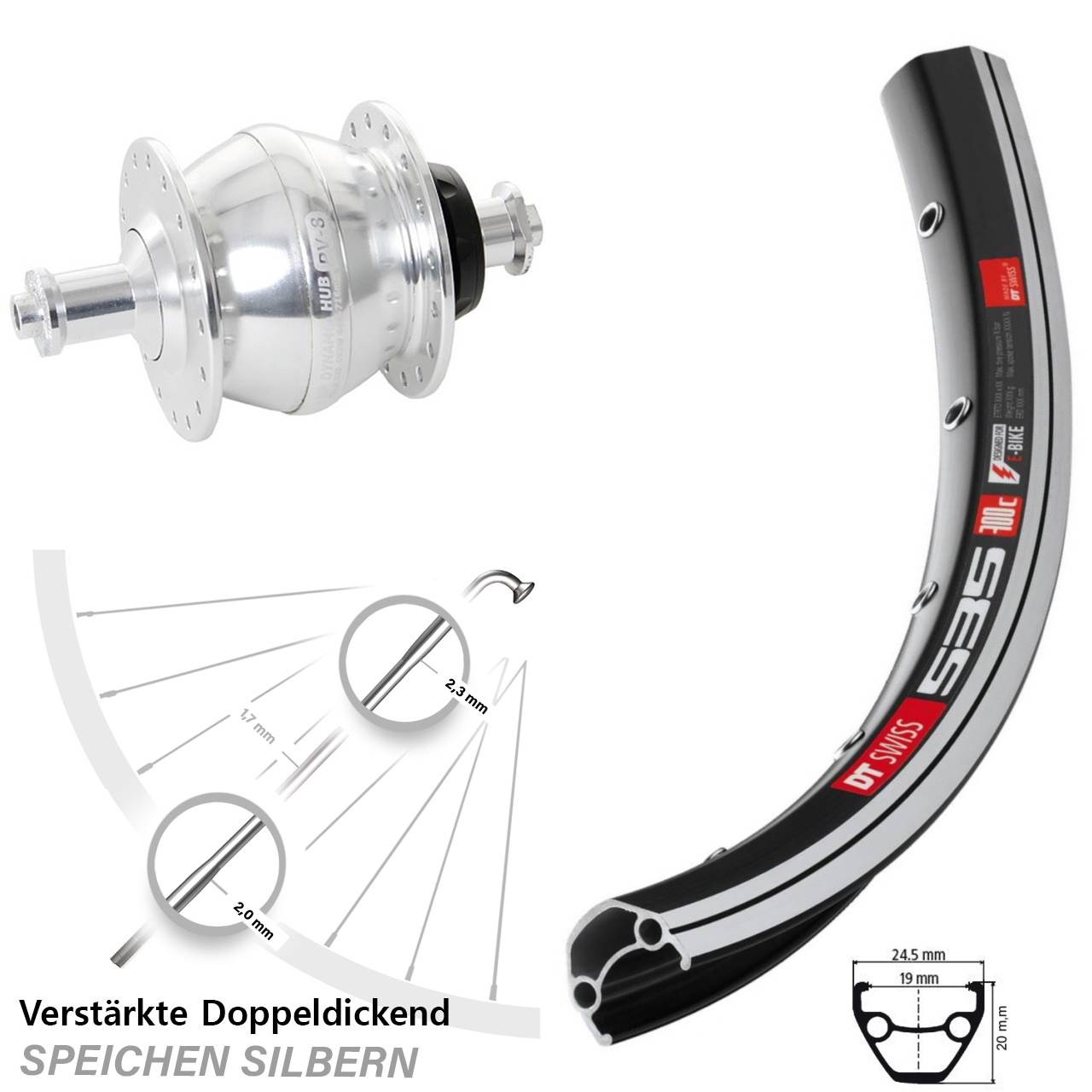 Nabendynamolaufrad 28 Zoll DT Swiss 535 Shutter PV-8 silbern für Schnellspanner